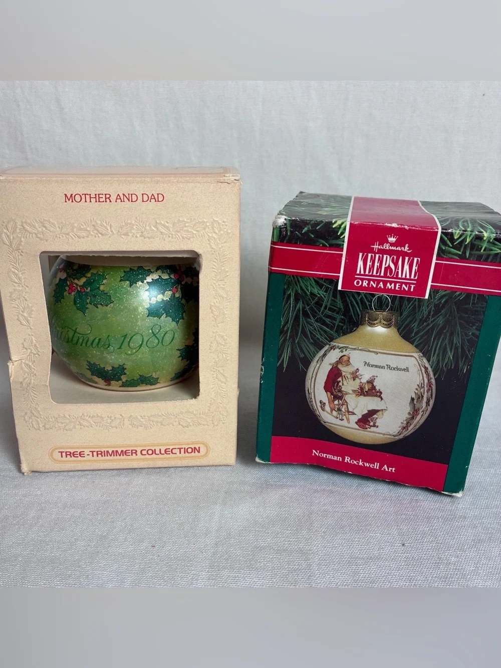 Vintage Hallmark Keepsake Ornament Lot 1980 Mother Dad 1991 Norman Rockwell Box